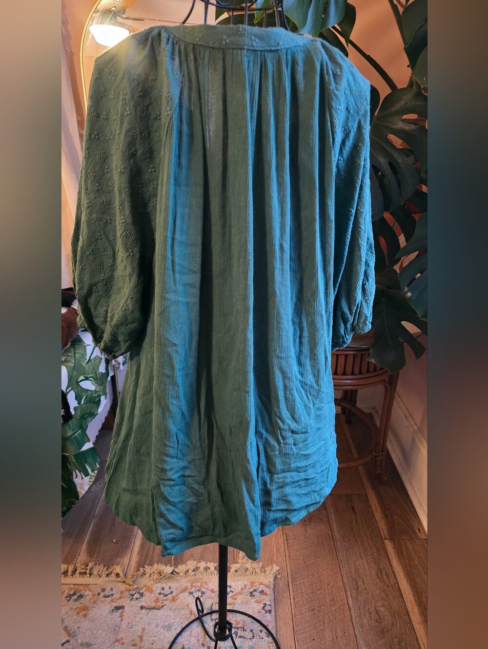🐝🍯Suzanne Betro Weekend Hunter Green Gauze Eyelet Puff Sleeve Babydoll Top XL - Picture 4 of 4